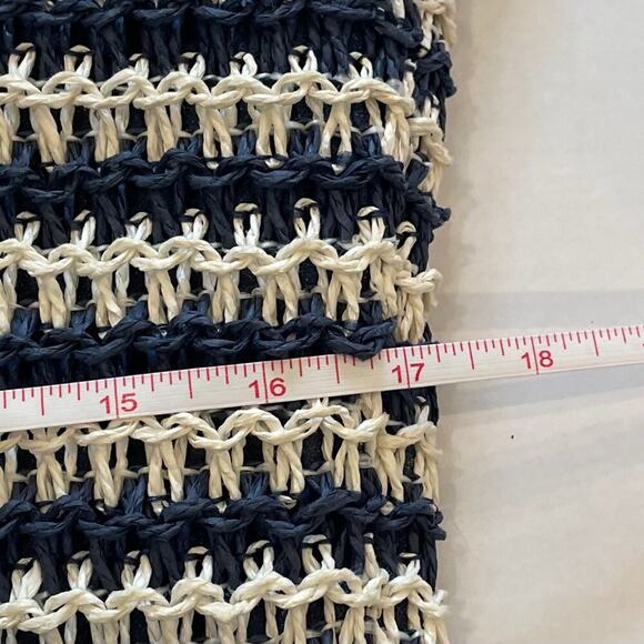 H&M Navy & Ivory Boho Raffia Straw Tote Shoulder Beach Bag Lined, Beige Handles - Picture 10 of 15